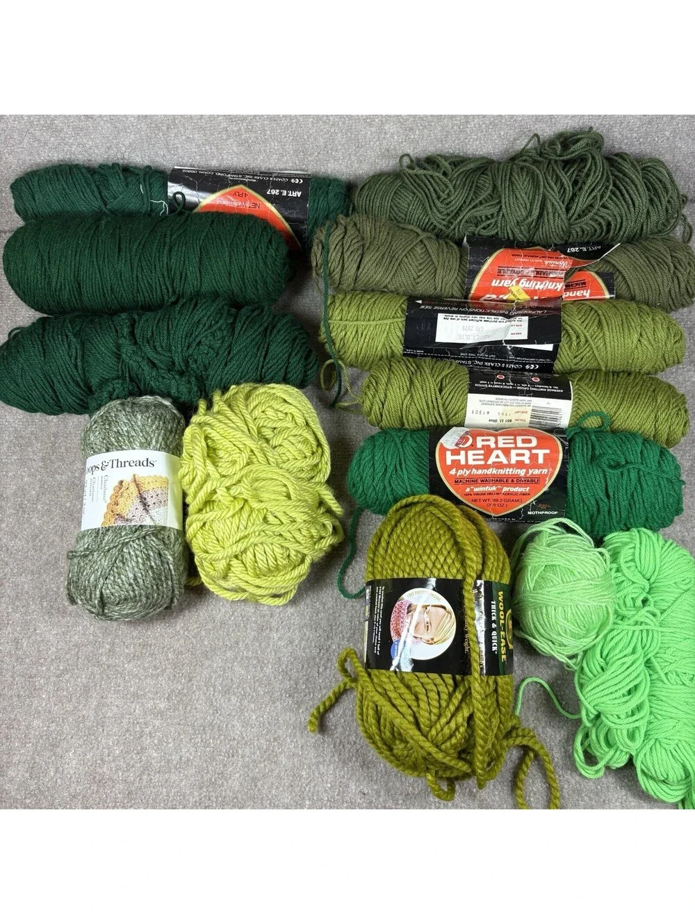 Mixed Yarn Lot Greens Crochet Knitting Craft Lion Loop/Thread Coats Red Heart